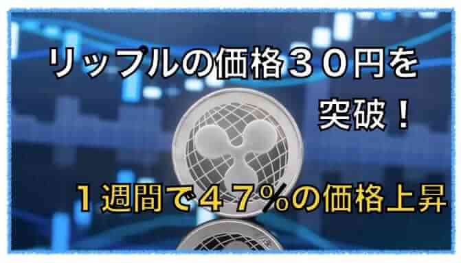 リップルが３０円を突破！１週間で４７％の価格上昇。